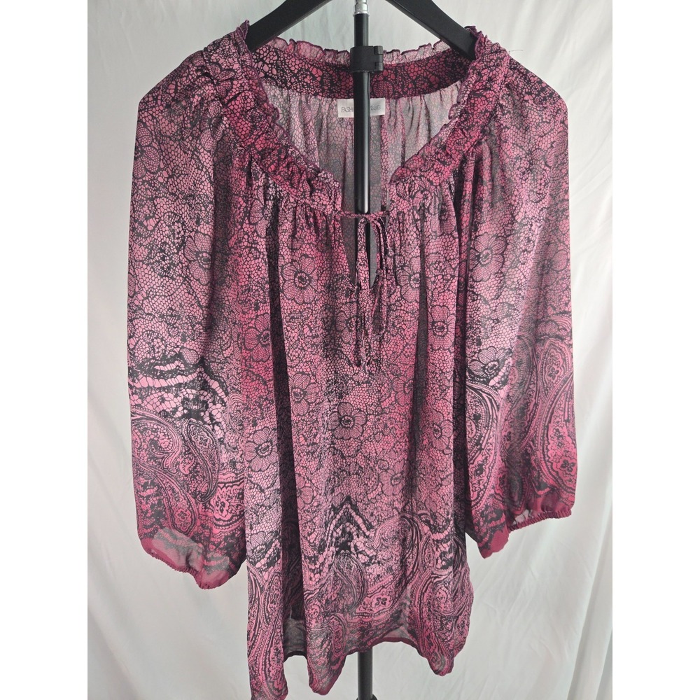 Womens 3X Pink Black Paisley Peasant Top Boho Sheer Floral Festival Cottagecore